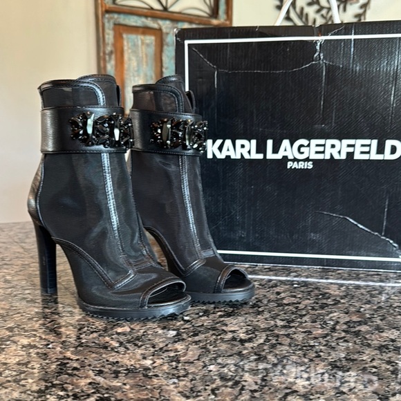 Karl Lagerfeld Black mesh Heeled Boots with Peep-Toe Design NWT 5.5 - Picture 1 of 16